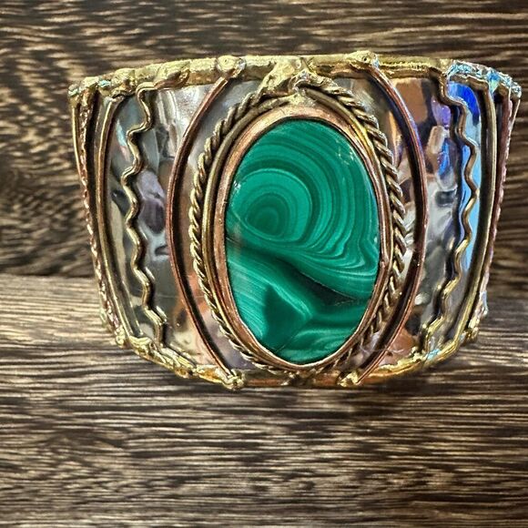 Handcrafted 2in Wide Cuff Bracelet, Malachite Green Stone, Mixed Metals, Adjust - Picture 4 of 10